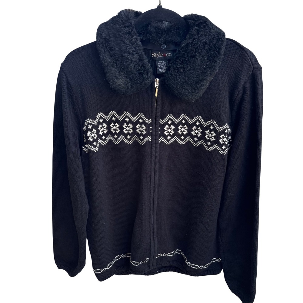 Style & Co Black Fair Isle Full Zip Cotton‎ Sweater Faux Fur Collar Womens L